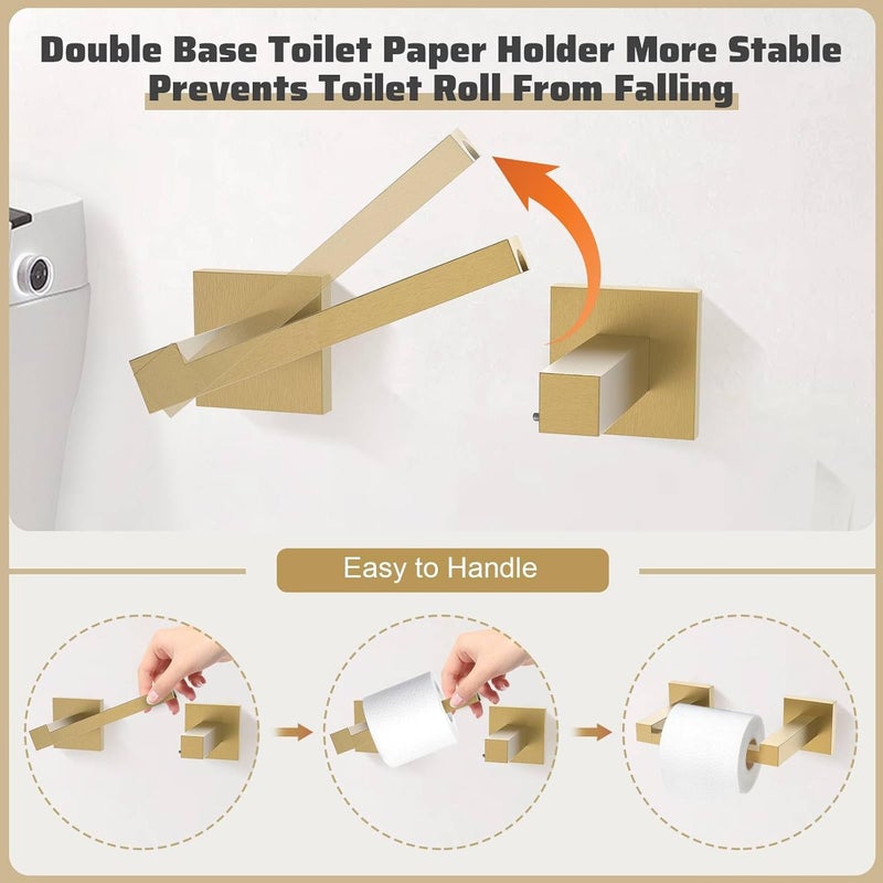 TNOMS 5-Piece Towel Bar Set Brushed Gold Bathroom Hardware Accessories Set Includes Upgraded Double Base Toilet Paper Holder,Modern Square Towel Holder Set Stainless Steel Wall Mount 23.6 Inch - Image 2